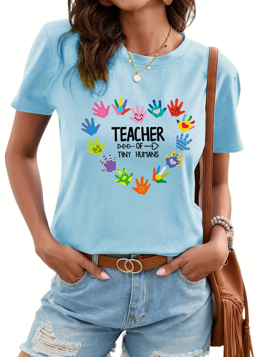 Color Hand and Teacher Letter Print T-Shirt, Summer Short Sleeve Casual Top, Women's Clothing