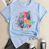 Colorful Floral & Brain Print Crew Neck T-shirt, Casual Short Sleeve T-shirt For Spring & Summer, Women's Clothing