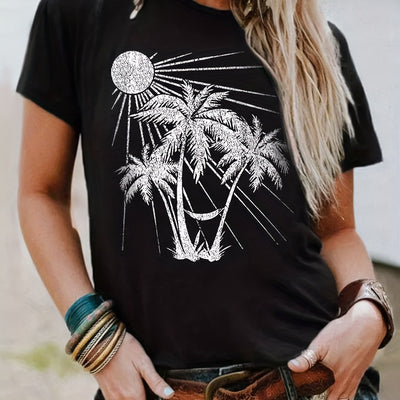 Tropical Vibes: Women's Coconut Tree Print T-Shirt - Perfect for Vacation!