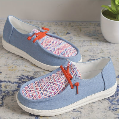 Comfortable Geometric Design Women's Canvas Shoes - Lightweight Low Top Lace Up Walking Shoes with Colorblock Design