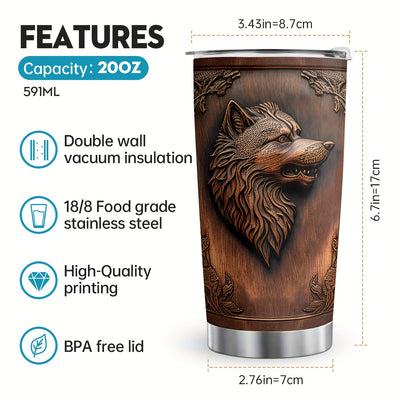 20oz Wolf-Printed Wooden Style Tumbler: The Perfect Birthday Gift for Coffee Lovers