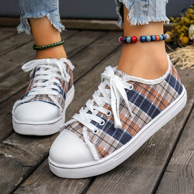 Stylish and Comfortable Women's Plaid Pattern Canvas Shoes: Casual Lace-Up Outdoor Sneakers for Lightweight, Low-Top Fashion