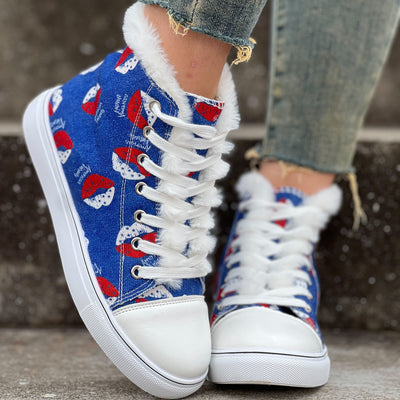 Keep warm and comfy this winter with these plush high-top canvas shoes. Featuring a cartoon lip pattern printed on the fuzzy upper, these shoes provide superior comfort thanks to their soft sole and secure lace-up closure. Enjoy a stylish look with ultimate comfort!