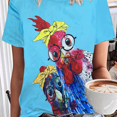 Cartoon Chicken Delight: Women's Casual Short Sleeve T-shirt with Quirky Print for Spring/Summer