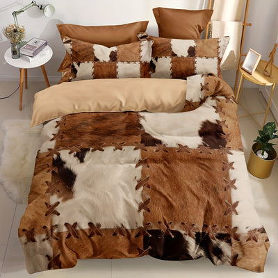 Fur Pattern Stitching Print Rustic Cowhide Style Duvet Cover Set for Your Bedroom or Guest Room (1*Duvet Cover + 2*Pillowcases, Without Core)