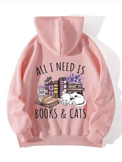 Feline Frenzy: Books & Cats Print Hoodie - Stay Cozy and Stylish this Winter/Fall with this Casual Hooded Sweatshirt for Women