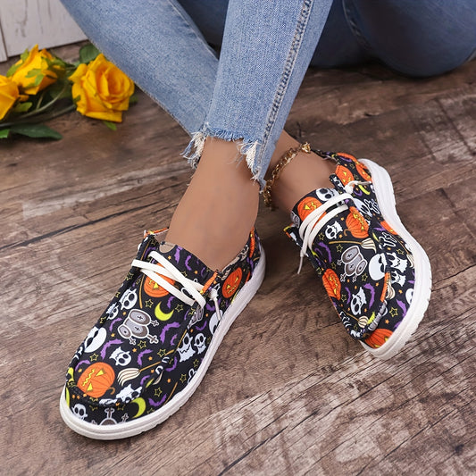 Show off your Halloween spirit with these lightweight, low-top board shoes. Crafted with a colorful pumpkin, skeleton, and ghost design, these shoes add a festive touch to any outfit. Durable and comfortable, they’ll get you through any skateboard adventure.