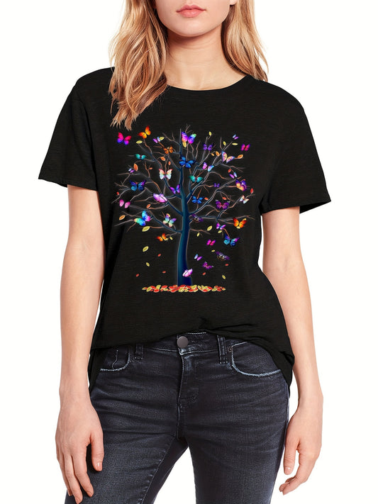 This Colorful Butterfly Tree Print Crew Neck T-Shirt is the perfect addition to your spring/summer wardrobe. The vibrant, recreational print is sure to make a bold statement, while the soft cotton fabric offers all-day comfort. With its unique design and bright colors, this T-shirt will be sure to stand out.