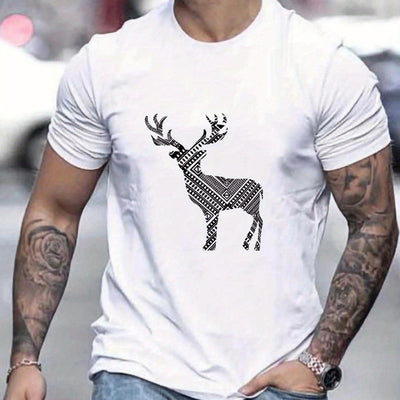 Christmas Deer Creative Pattern Men's T-Shirt: A Stylish Crew Neck Top for Outdoor Summer Wear