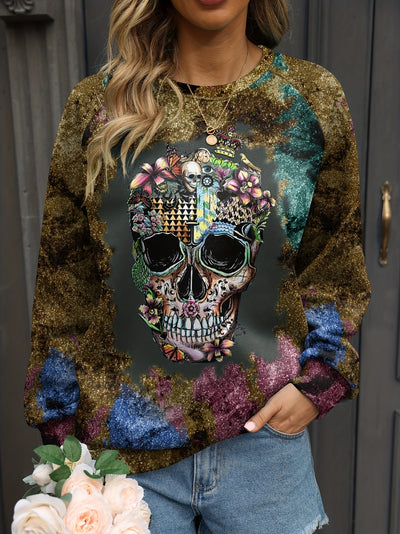 Halloween Shinny Floral & Skull Print Long Sleeve Round Neck Slight Stretch Pullover Top, Plus size halloween casual sweatshirt, Women's Clothing