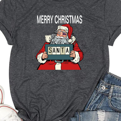 Santa Claus Festive Print Women's Crew Neck T-Shirt - Perfect for Spring and Summer Celebrations!