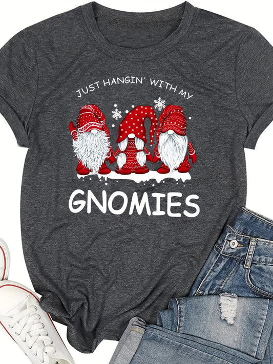 Christmas Gnome Print Tshirt, Casual Short Sleeve Crew Neck T-shirt, Women's Clothing