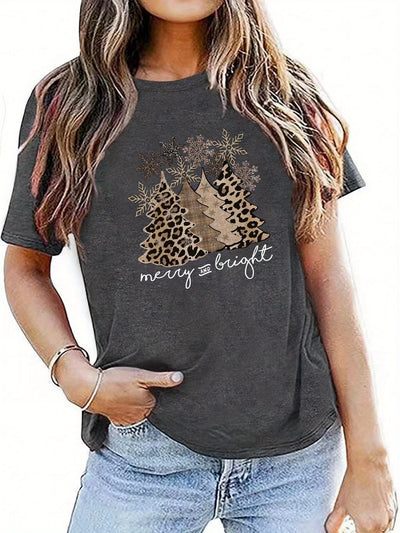 Leopard Tree and Letter Print T-Shirt: Casual Style for Spring/Summer Women's Clothing Collection