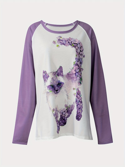 Cat Print Raglan Sleeve Sweatshirt: Stylish and Cozy Casual Crew Neck for Women's Fall/Winter Fashion