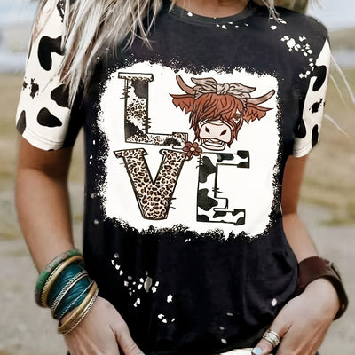 Love Cow Pattern T-Shirt, Vintage Short Sleeve Crew Neck Casual Top For All Season, Women's Clothing