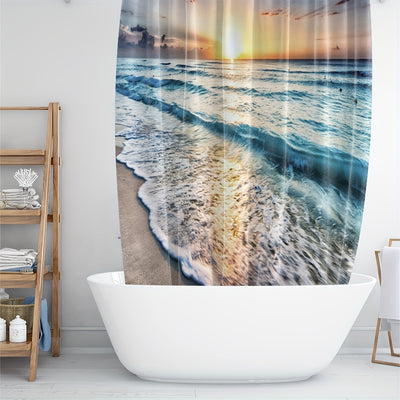 Transform Your Bathroom with the Stunning Beach Landscape Shower Curtain - Waterproof, Mildew-Proof, and Polyester Bath Curtain