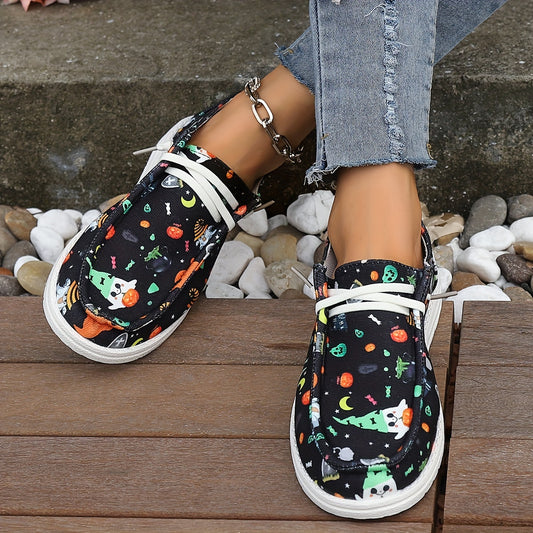 Our Halloween Haute canvas loafers offer a stylish look with their playful pumpkin and ghost print. Made with 100% canvas, they provide superior breathability and comfort for all day wear. Perfect for the spooky season!