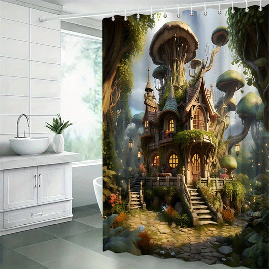 Enchanting Dream Castle Shower Curtain: Transform Your Bathroom into a Whimsical Mushroom Flower Dream Garden Forest!