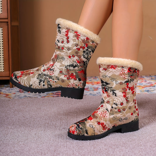 Women's Retro Floral Print Snow Boots: Thermal Plush-Lined Mid-Calf Boots for Winter Outdoor Style
