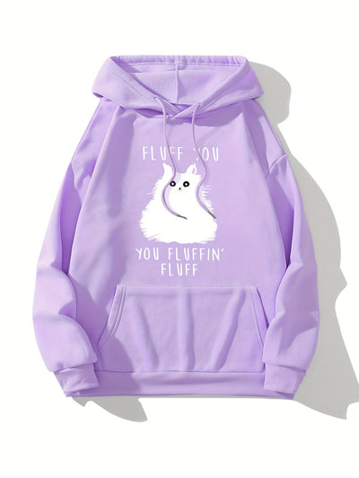 Feline Fashionista: Cute Cat Print Hoodie for Women, featuring Versatile Drawstring & Kangaroo Pocket