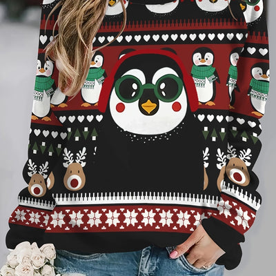 Winter Wonderland: Penguin and Deer Print Pullover Sweatshirt - Stay Cozy and Stylish!