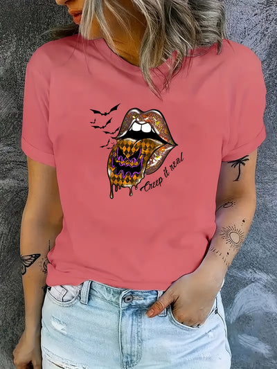 Halloween Bat Graphic and Lips Print Casual Sports T-Shirt - Perfect Women's Summer Tops!