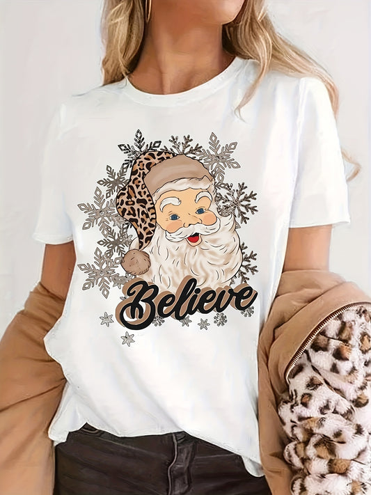 This stylish and festive t-shirt features a Christmas Santa Claus print design, making it the perfect casual wear for women. Crafted from quality material, this short sleeve crew neck tee will keep you comfortable all day. Enjoy the holiday celebrations in style!