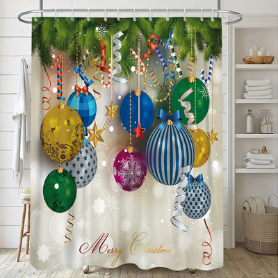 Merry Christmas Shower Curtain Set, Waterproof Shower Curtain With 12 Hooks, Non-Slip Bath Rug, Toilet U-Shape Mat, Toilet Lid Cover Pad, Bathroom Accessories, Bathtub Curtain, 180*180cm/70.8*70.8in