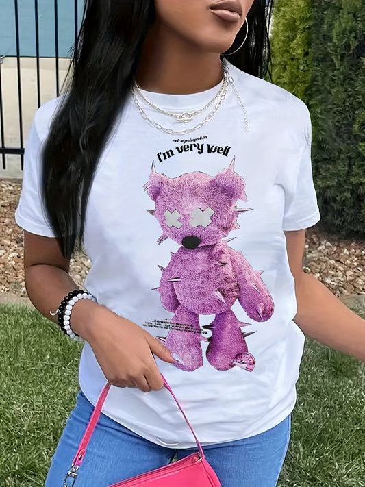 This Bear Cartoon Print Crew Neck T-Shirt is made from soft, lightweight fabric for maximum comfort during the spring and summer. Its short sleeve design and crew neck provide a casual yet stylish look, perfect for your everyday wardrobe. Crafted with care, this t-shirt is a great addition to any woman's closet.