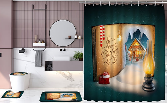 Merry Dark Green Shower Curtain Set: Transform Your Bathroom into a Cozy Christmas Wonderland!