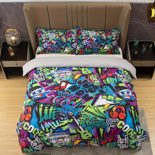 Vibrant Graffiti Print Duvet Cover Set: Enhance Your Bedroom with Colorful Artistry - Includes 1 Duvet Cover and 2 Pillowcases (No Core)