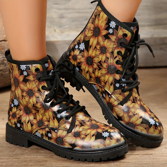 Stay fashionable and comfortable in Sunflower Blossom's Women's Combat Boots. Tastefully designed with a flat lace-up style and round toe, these boots make a perfect casual all-match choice. Made with quality materials, they provide excellent support and comfortability.