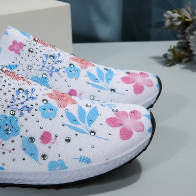 Floral Rhinestone Delight: Women's Stylish Shockproof Running Shoes for Light and Breathable Sports