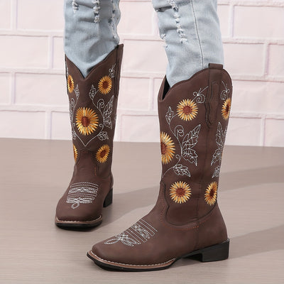 Sunflower Delight: Fashionable Women's Western Mid-Calf Boots with Stylish Embroidery and Convenient Zipper Closure