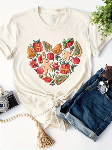 Festive Delights: Vintage Christmas Cookie Gift Print T-Shirt – A Sweet Nostalgic Addition to Women's Clothing Collection