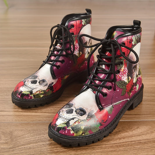 These stylish Halloween Ankle Boots feature a fashionable skull rose design on the heel and a lace-up front for a perfect blend of fashion and spookiness. With quality construction and materials, these boots will keep you stylishly comfortable.