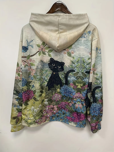 Introducing our Fashionable Cat Pattern Kangaroo Pocket Hoodie for women - the perfect casual and cozy addition to your wardrobe. With its unique cat pattern and practical kangaroo pocket, this hoodie combines style and function. Stay warm and fashionable in this must-have piece for any fashion-conscious woman.