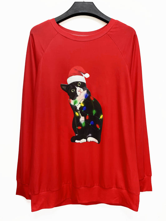 Plus Size Christmas Top: Women's Festive Hat & Cat Print Long Sleeve Round Neck Medium Stretch Tshirt