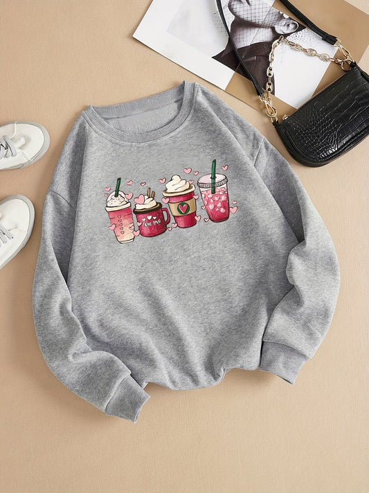 This Cute and Cozy Cartoon Coffee Cup Print Pullover Sweatshirt will keep you warm and stylish during the fall and winter months. Its cozy construction features a soft blend of printed cotton that is sure to add a fashionable and fun element to your winter wardrobe.