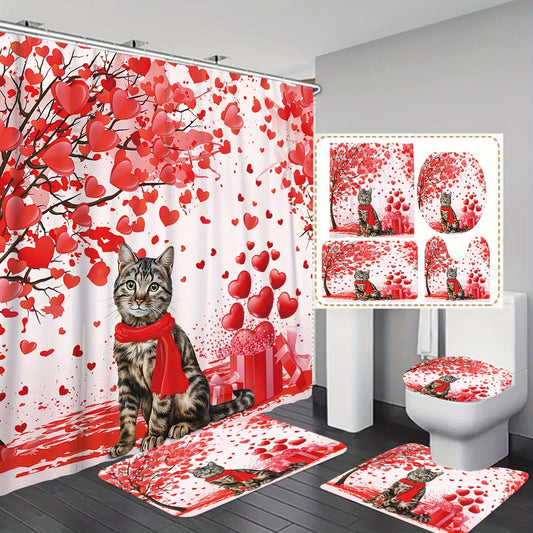 Elevate your bathroom décor with our Cat-Themed Heart Tree Bathroom Set. The set includes a shower curtain, mat trio, and decorative toilet accessories that feature an adorable cat and heart tree design. Made with high-quality materials, this set will add a touch of charm and functionality to your bathroom.