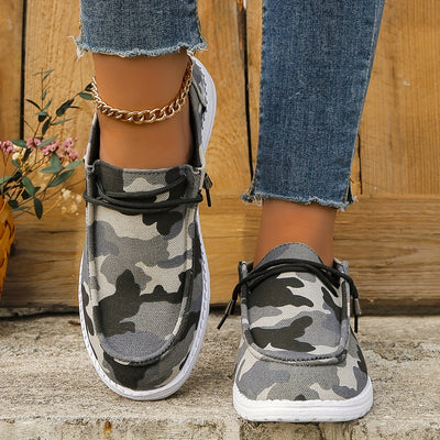 Army Camouflage Women's Canvas Shoes - Comfortable Low Top Walking Loafers with Round Toe