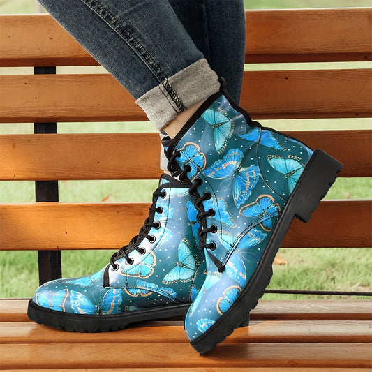 Outfit your wardrobe with these stylish Women's Lace-Up Combat Boots featuring a stunning butterfly print. Enjoy a fashion-forward look combined with durability and comfort, perfect for any occasion.