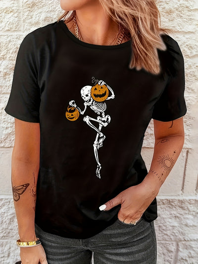 Spooky and Stylish: Halloween Skeleton Pumpkin Print T-Shirt For Women - Perfect for Spring and Summer!