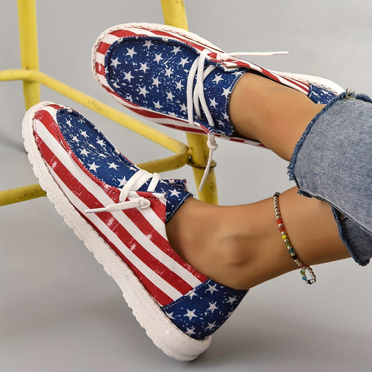 USA Flag Pattern Women's Canvas Shoes, Comfortable Low Top Lace Up Sneakers, Women's Fashion Walking Shoes