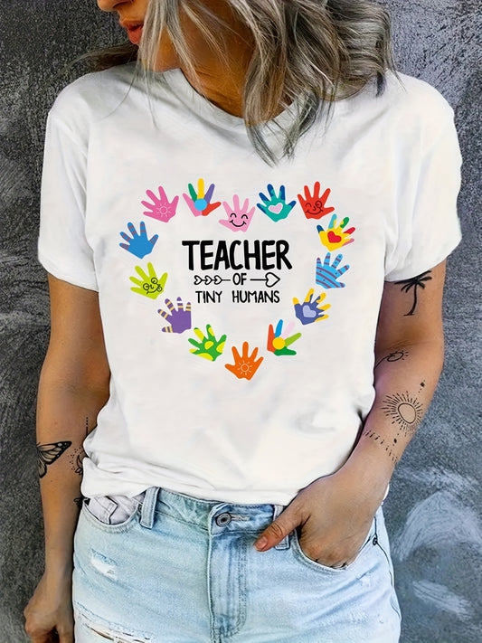 This Color Hand and Teacher Letter Print T-Shirt is made from lightweight material, perfect for the summer season. Featuring a casual design with short sleeves and a teacher letter print, this top will be the perfect addition to your casual wardrobe. Get ready for the summer in style.