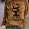 I'm Fine, It's Fine and Cartoon Cat Print Sweatshirt, Long Sleeve Crew Neck Casual Sweatshirt For Winter & Fall, Women's Clothing