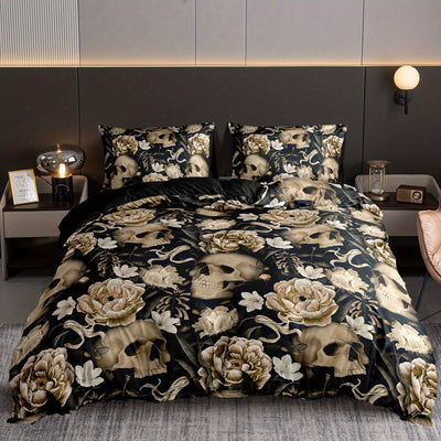 White Flower Skull Digital Print Duvet Cover Set: Elegant and Comfortable Bedding for Modern Bedrooms(1*Duvet Cover + 2*Pillowcases, Without Core)
