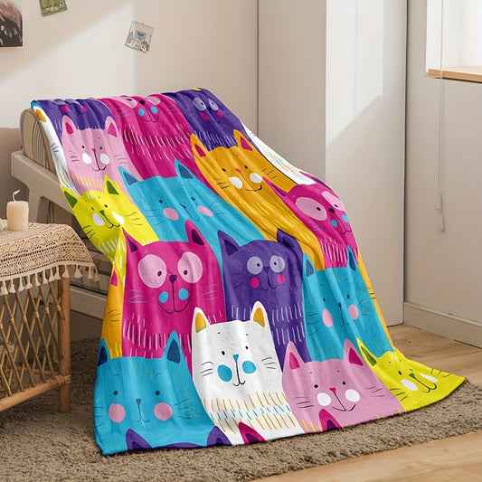 This Cute Colorful Cat Pattern Flannel Blanket is designed with superior comfort in mind. It is ultra-soft, fluffy, and warm, making it the perfect choice for bed, sofa, or travel use. Its lightweight design makes it ideal for camping, picnics, and airplane travel. Enjoy cozy warmth and comfort anywhere with this blanket!