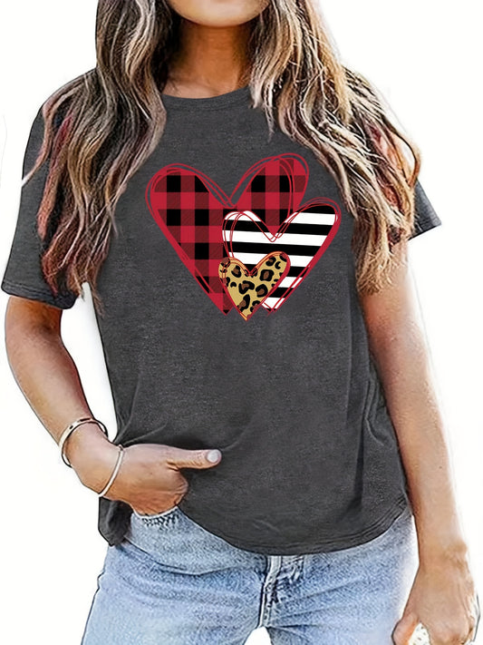 This Leopard & Plaid & Striped Heart Tshirt for Women is a stylish and comfortable casual short sleeve T-shirt. Crafted from lightweight and breathable fabric, it features a crew neck and subtle leopard, plaid and striped heart pattern. Perfect for you active lifestyle.