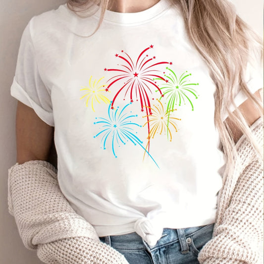 The Sparkling Delight Fireworks Print Crew Neck T-Shirt is a must-have for any casual wardrobe. The unique fireworks print on a quality fabric offers comfort and style for the perfect summer look.